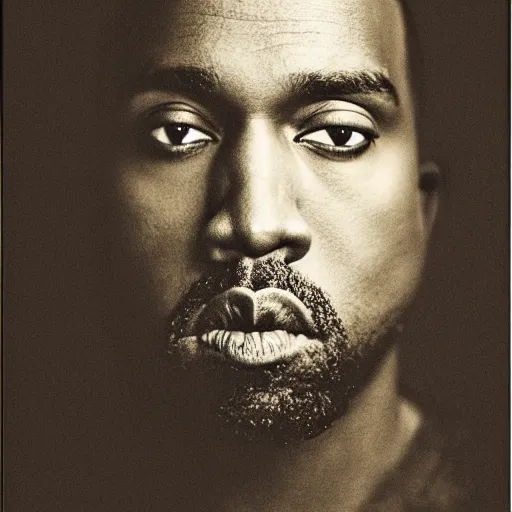 Image similar to a chiaroscuro lighting portrait of kanye west dressed as rick owens, black background, portrait by julia margaret cameron, shallow depth of field, 8 0 mm, f 1. 8