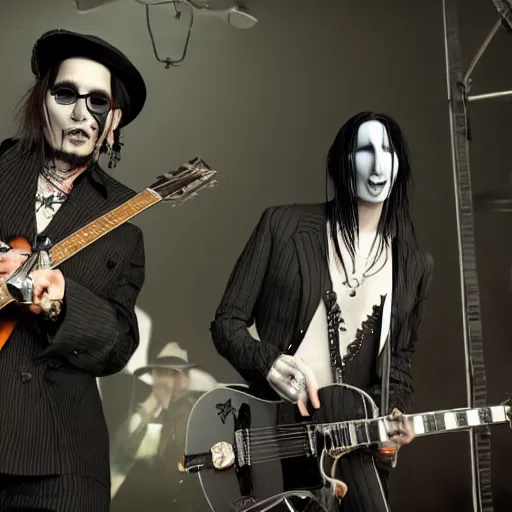 Image similar to A photorealistic photograph of Johnny Depp and Marilyn Manson performing on stage in a band. Trending on Artstation, featured on Behance, well-rendered, intricate, highly detailed, very crispy, Unreal Engine, 4K HD