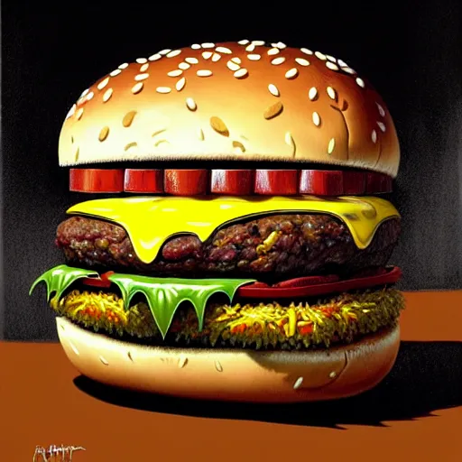 Image similar to a monster with a head like a hamburger, burger with human eyes, burger with human mouth, teeth, very detailed eyes, french fries as arms, character concept art, fantasy, intricate, fantasy drawing, illustration, highly detailed, hyperrealistic, cgsociety, artstation, oil painting by greg rutkowski, by artgerm