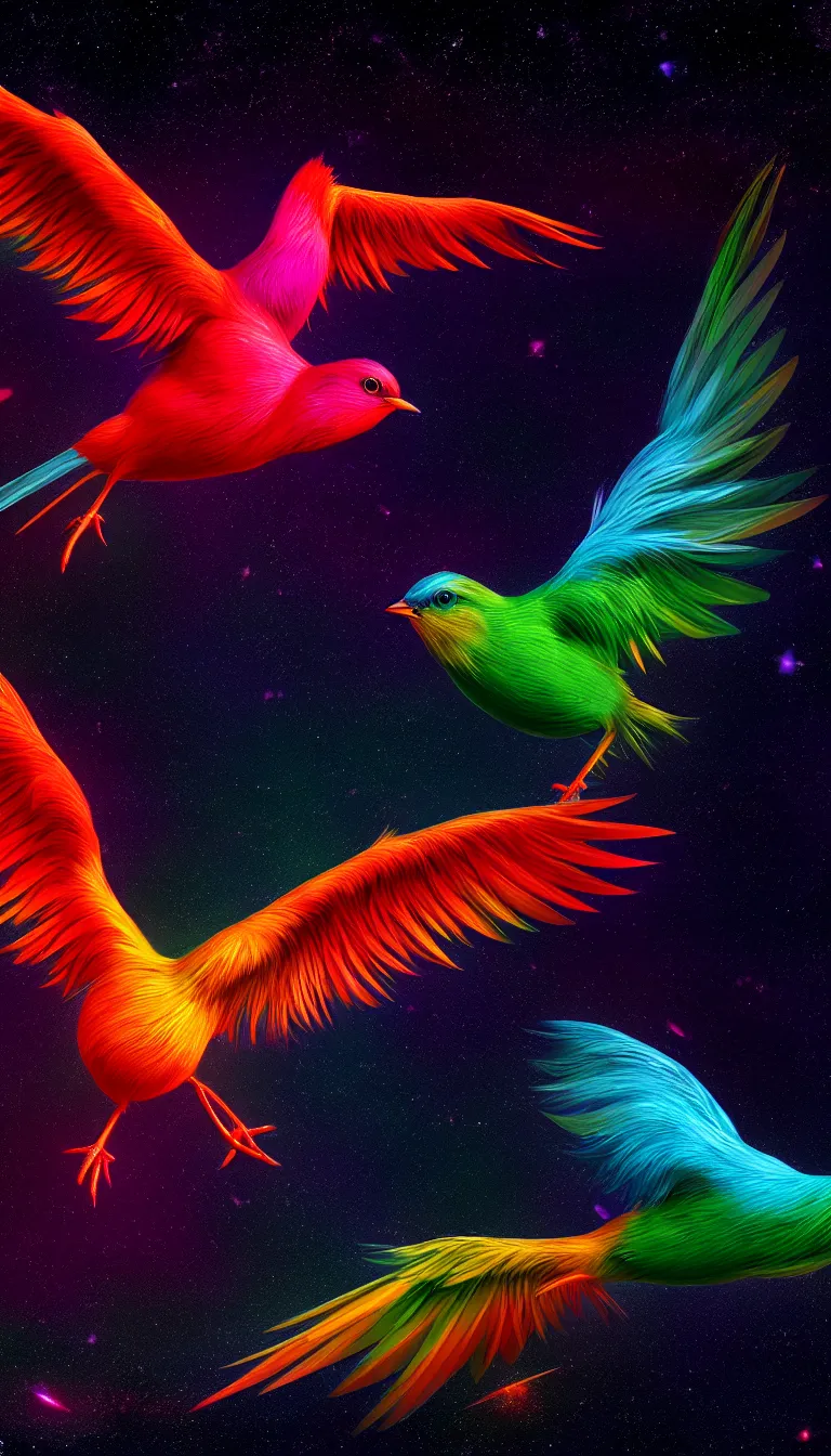 Image similar to highly detailed photo of seven colored bird flying in the dark space, hyper realistic, concept art, 8 k detail post - processing