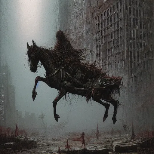 Image similar to cool apocalyptic traveler on a horse through a ruined new york city beksinski art style, highly detailed