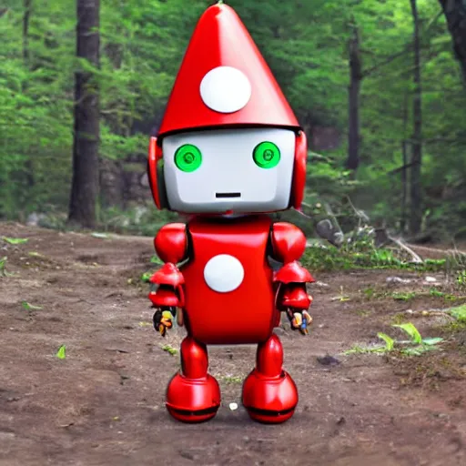 Image similar to cute little robot with tomato hat and a shive sword, made in abyss style, standing on a forest