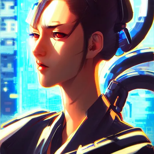 Image similar to A comic potrait of a cyberpunk cyborg girl with big and cute eyes, fine-face, realistic shaded perfect face, fine details. Night setting. Very anime style. Realistic shaded lighting poster by Ilya Kuvshinov katsuhiro, magali villeneuve, artgerm, Jeremy Lipkin and Michael Garmash, Rob Rey and Kentarõ Miura style, trending on art station