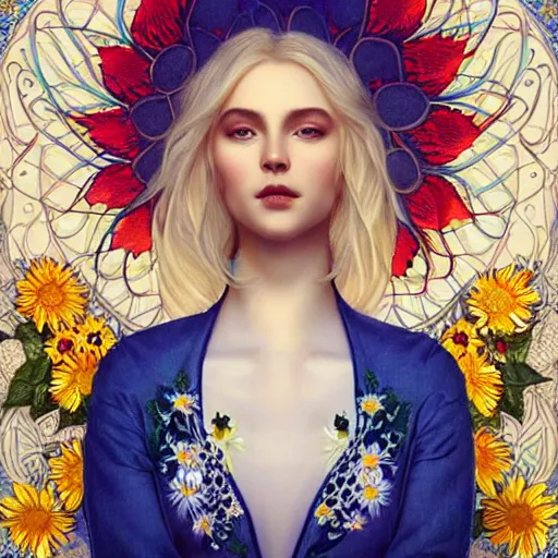 Image similar to blonde lady in white embroidered shirt, ukrainian national costume, filigree crown with blue and yellow textile embroidery sunflowers, intricate, elegant, digital painting, art nouveau, smooth, focus, rim light, charlie bowater, tom bagshaw, greg rutkowski