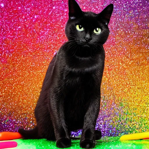 Prompt: a high - quality photo of a black cat sprinkled with ( ( rainbow ) ) glitter, highly detailed, in - frame, sharpened, sparkly