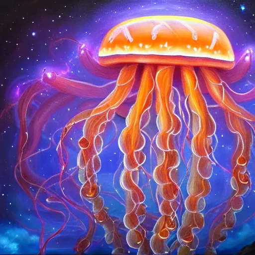 Prompt: powerful stern god of jellyfish metaverse made of ancient magic technology, galactic nebular astral realm sacred journey in oil painting, trending on artstation, award winning, emotional, highly detailed surrealist art