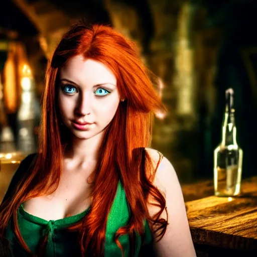 Image similar to beautiful bar maid with auburn hair and green eyes, in a medieval tavern at night, cinematic, filmic