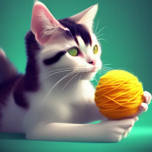 Prompt: a cute calico cat playing with a ball of yarn, artstation, cgsociety, storybook art