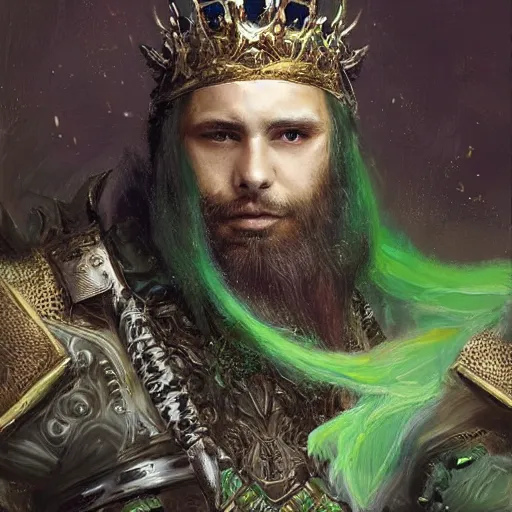 Image similar to A portrait of a king with a trimmed beard, dual wielding swords, wearing green dragon scale armor and a cheetah pelt cloak, fantasy, digital art by Ruan Jia, Donglu Yu