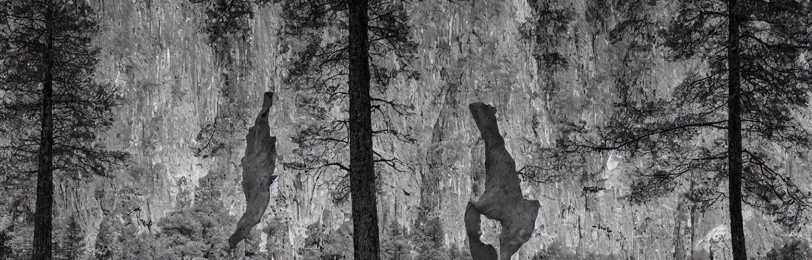 Image similar to to fathom hell or soar angelic, just take a pinch of psychedelic, medium format photograph of two colossal minimalistic necktie sculpture installations by antony gormley and anthony caro in yosemite national park, made from iron, marble, and limestone, granite peaks visible in the background, taken in the night