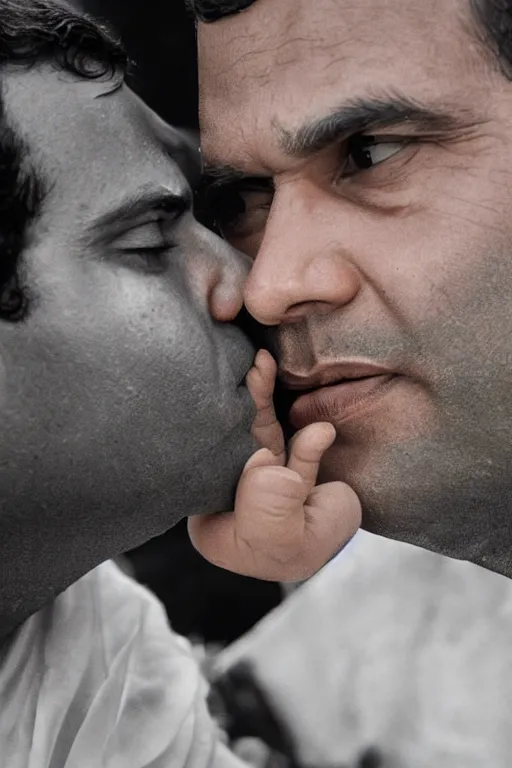 Image similar to narendra modi kissing rahul gandhi, closeup, india, detailed, photography alexey kurylev, cinematic