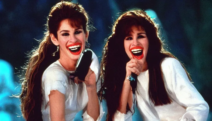 Prompt: Julia Roberts as Selena! singing!! on a stage, 1995 movie, cinematic, beautiful, elegant, single person