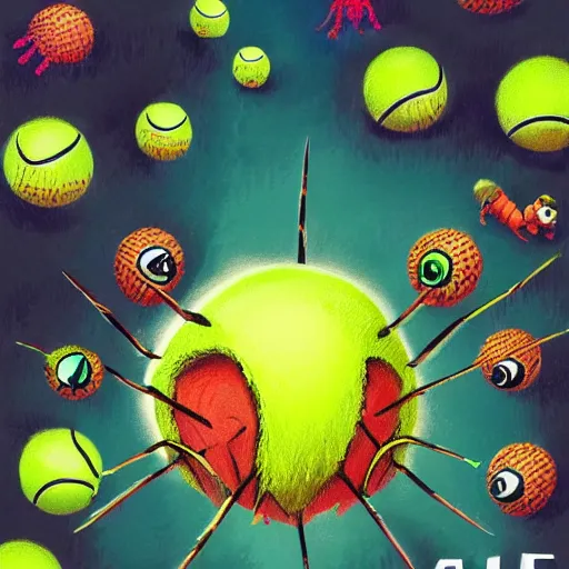 Image similar to a tennis ball monsters, spider, colorful, amazon jungle, chalk, digital art, fantasy, magic, trending on artstation, ultra detailed, professional illustration by basil gogos