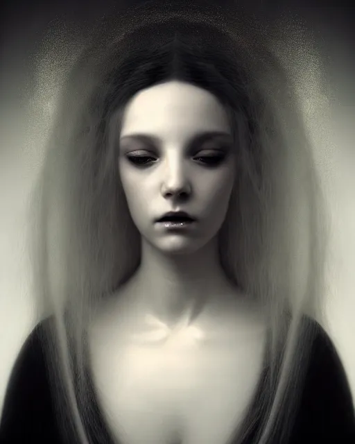 Image similar to soft, dreamy, subsurface scattering, white, young beautiful goddess in cosmos with very long white hair floating in air, fluid smoke art, black and white, octane render, dino valls, mark ryden, joe fenton, michal karcz, highly detailed, rim light, art, cinematic lighting, very coherent, hyper realism, 8 k