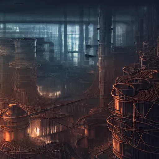 Image similar to futuristic dystopian endless, intricate, complex, labyrinthine, byzantine, tangled, industrial megafactory complex, smokestacks, pipelines and ducts and vents, matte painting, steampunk, smoke, night, gloomy, dark, dramatic, cinematic, volumetric lighting, gods eye view