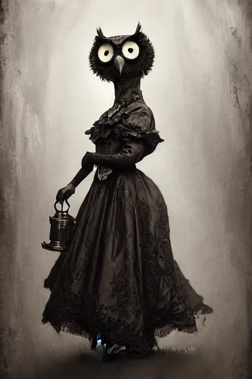 Prompt: wet plate photograph of an anthropomorphic owl dressed in a victorian - era ballgown, dramatic lighting, highly detailed, digital painting, artstation, concept art, smooth, sharp focus, illustration, art by wlop, mars ravelo and greg rutkowski