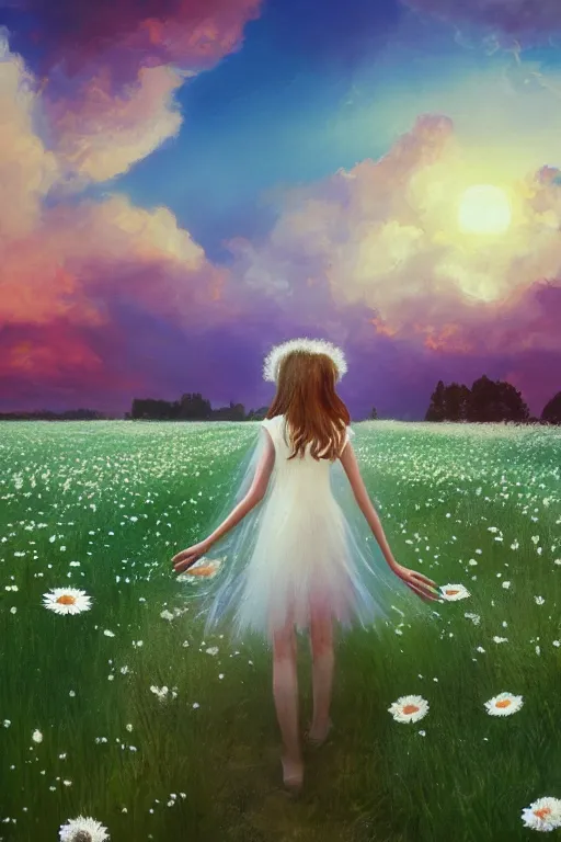 Image similar to giant white daisy flower veil, girl walking in a flower field, surreal photography, sunrise, dramatic light, impressionist painting, colorful clouds, digital painting, artstation, simon stalenhag