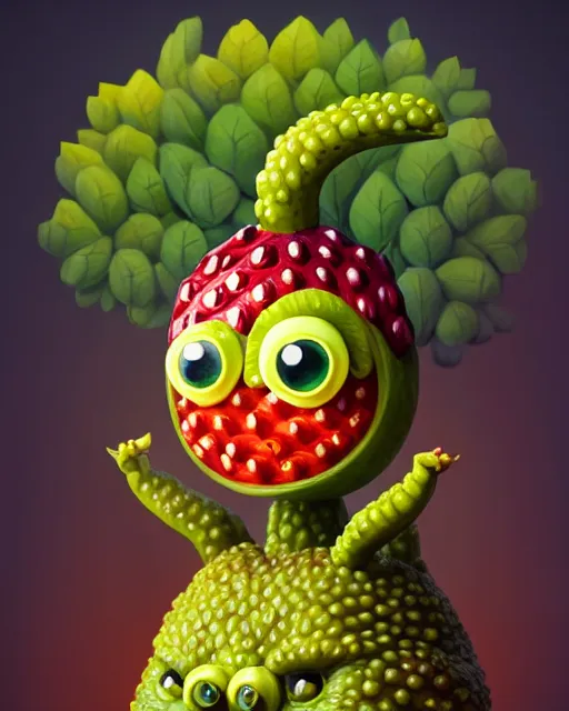 Image similar to portrait of a cute fruit figurine monster made of different fruit, standing in a forest, staring wide open eyes, open mouth, very detailed eyes, trees in the background, sunlight, oil painting, highly detailed, dramatic lighting, hyperrealistic, 8 k, smooth, intricate, artstation, cgsociety, by artgerm, by wlop