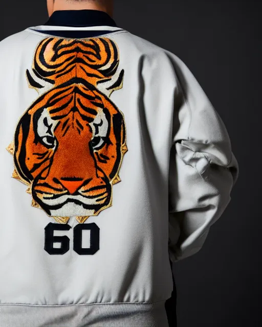 Image similar to photo back of a man wearing baseball jacket with a big japanese tiger and flowers embrodery, dark hangar background, centered, studio lighting, 1 5 0 mm