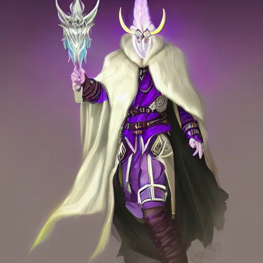 Prompt: white horns demon warlock with , young, purple cloak , still, digital painting, trending on artstation, masterpiece, in the style of JB Casacop