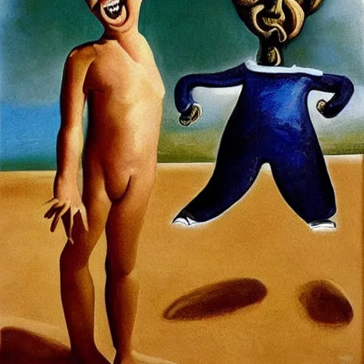 Image similar to tiny person is laughing and pointing at donald trump in a swimsuit.. painting by salvador dali.