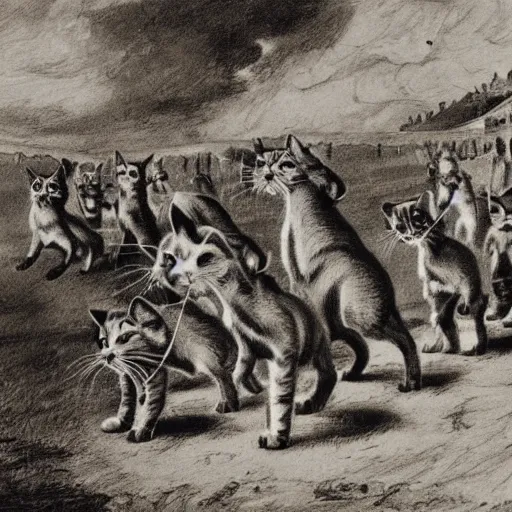 Prompt: March of Progress by Rudolph Zallinger with cats, illustration, monochrome