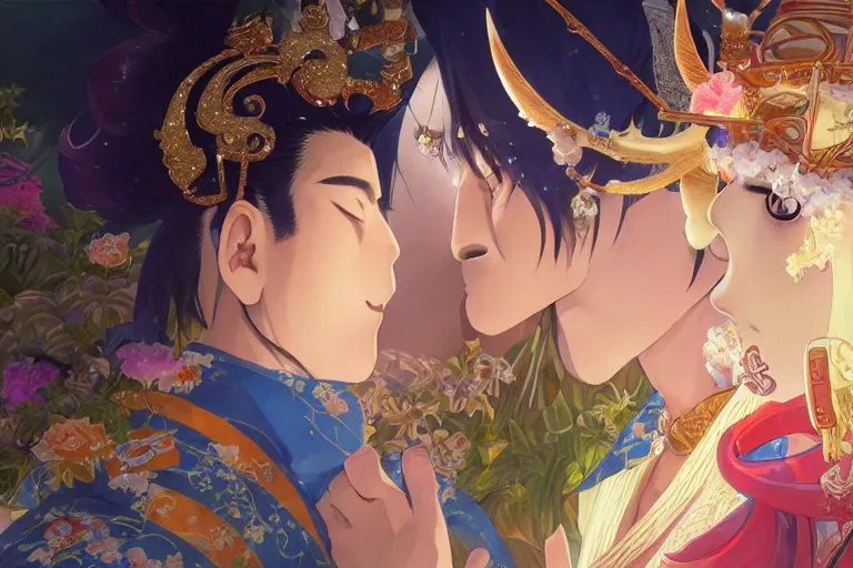 Image similar to close up moment of a divine a japan sun god and a moon goddess lovers magician at a wedding banquet, highly detailed, genshin, fantasy, 4 k realistic, digital painting, trending on artstation, concept art, sharp focus, illustration, art by makoto shinkai and akihiko yoshida and daniel gerhartz