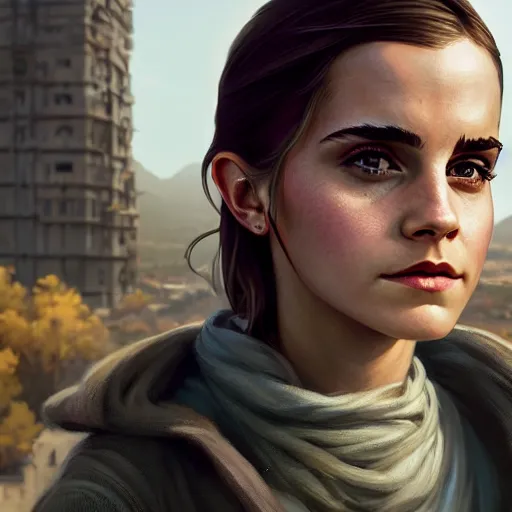 Image similar to highly detailed portrait of emma watson in gta v, stephen bliss, unreal engine, fantasy art by greg rutkowski, loish, rhads, ferdinand knab, makoto shinkai and lois van baarle, ilya kuvshinov, rossdraws, tom bagshaw, global illumination, radiant light, detailed and intricate environment