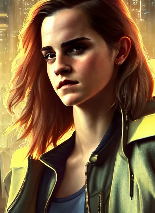 Image similar to portrait of Emma Watson as a character in Cyberpunk 2077, looking at camera, intricate, elegant, sci-fi, extremely detailed, digital painting, artstation, concept art, smooth, sharp focus, illustration, ambient lighting, incredible art by artgerm and greg rutkowski and alphonse mucha and simon stalenhag