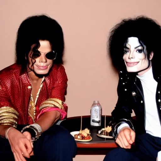 Image similar to Michael Jackson having lunch with Prince at a McDonald's, flash photography, high resolution, 8k