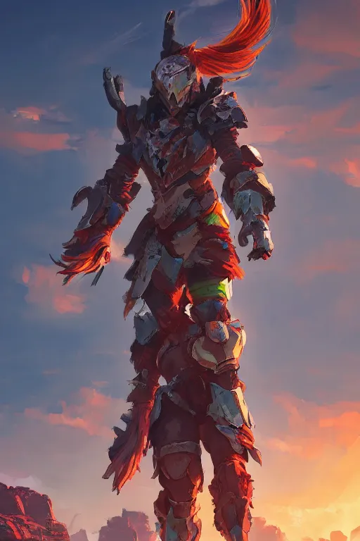 Image similar to combination suit armor aloy horizon forbidden west horizon zero dawn radiating a glowing aura global illumination ray tracing hdr fanart arstation by ian pesty and alena aenami artworks in 4 k tribal robot ninja mask helmet backpack