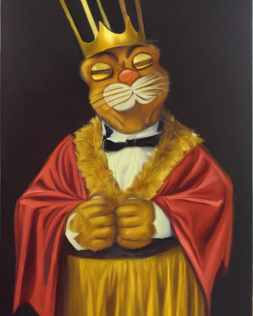 Prompt: an old oil paint of garfield with a king cape and a gold sceptre, high quality, old
