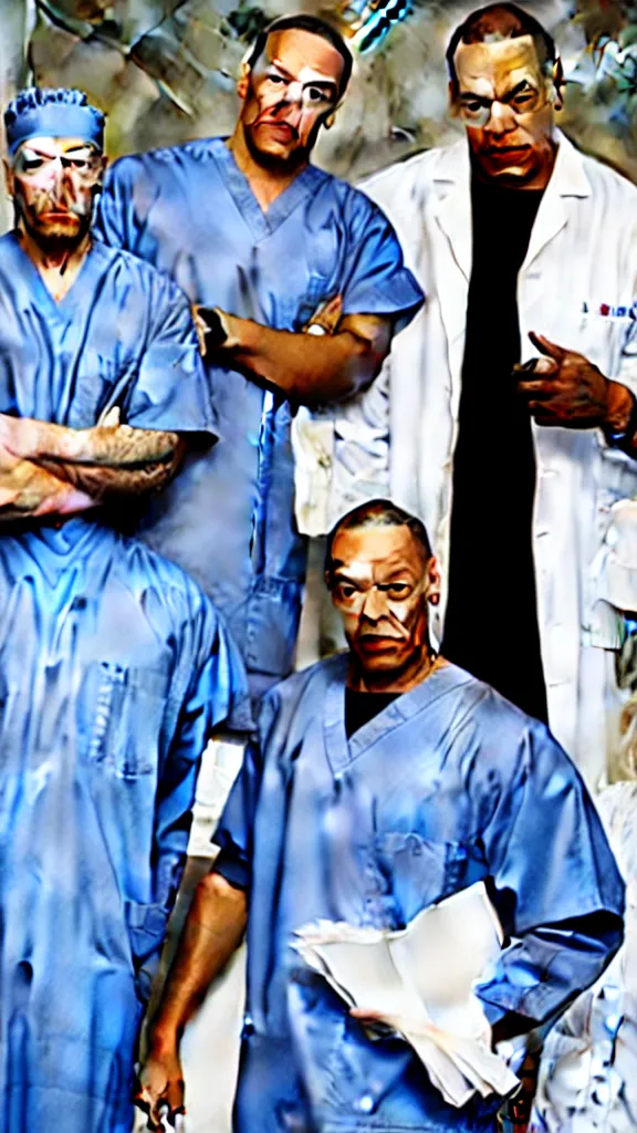 Image similar to Dr. Dre in surgeon scrubs in an emergency room, treating Snoop Dogg