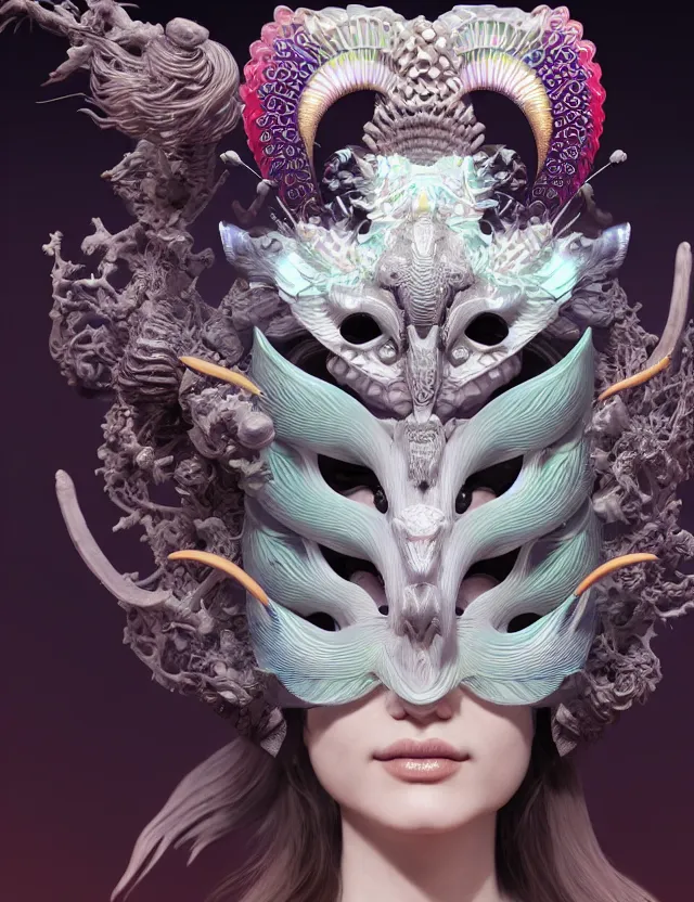 Image similar to 3 d goddess close - up frontal portrait with ram skull. beautiful intricately detailed japanese crow kitsune mask and clasical japanese kimono. betta fish, jellyfish phoenix, bio luminescent, plasma, ice, water, wind, creature, artwork by tooth wu and wlop and beeple and greg rutkowski