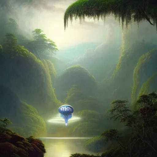 Prompt: a beautiful painting about a futuristic spaceship landing in a misty Asian rainforest, tropical wavy, 111kixels matte painting trending on artstation divine deflective hovering pool web bass vodka vine, by Albert Bierstadt and Henri