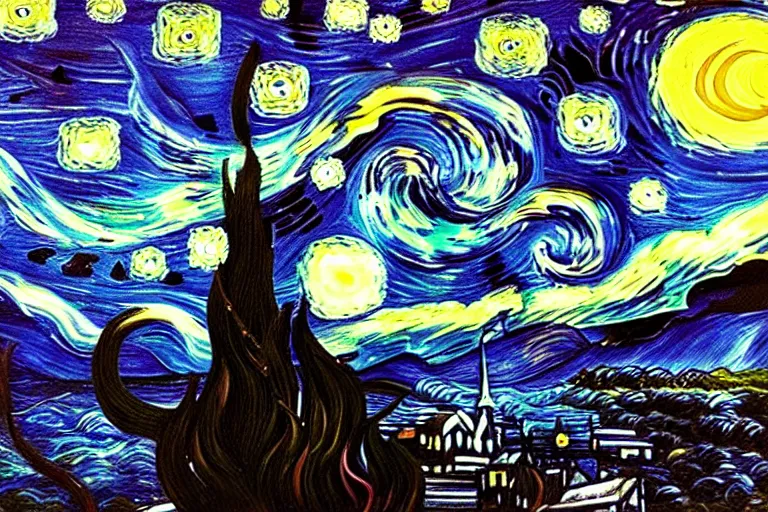 Prompt: man is seeing old god cthulhu terrifying the night sky of a city, epic scene oil painting hyper - detailed realistic dark van gogh style