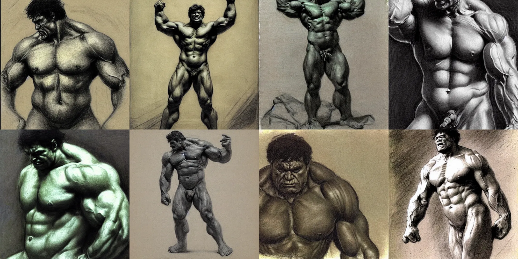 Prompt: Drawing sketch of the Hulk, by Ilya Repin, Michelangelo, chalk, charcoal, russian academic, musculature