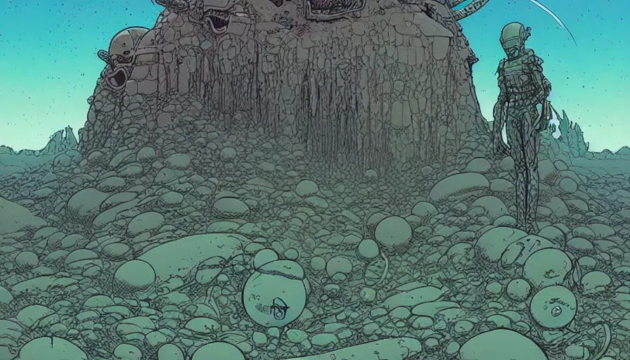 Prompt: mysterious alien outpost on a distant planet in style of moebius and charles vess, very detailed, clean lines, atmospheric, vivid, wide angle