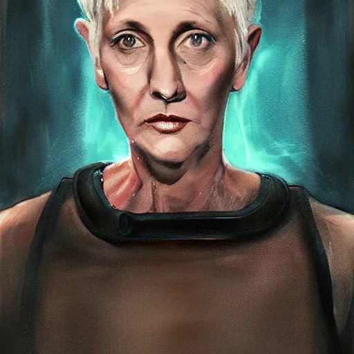 Image similar to woman in her 6 0 s with close cropped hair. lori petty. running on a treadmill. side on. realistic concept art painting. cinematic lighting. dark and moody. scifi