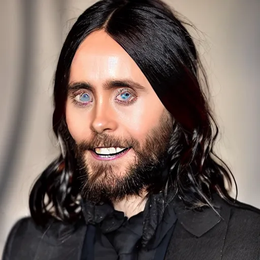 Prompt: photo of jared leto as a homeless man that has missing teeth smiling