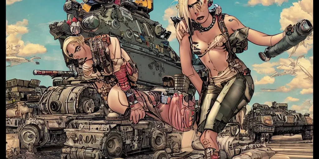 Image similar to tank girl sitting on top of the tank. comic book style. illustration. marvel. print. high details.