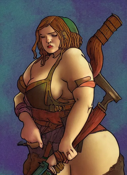 Prompt: ultra realistic photo of medieval chubby beautiful rogue hunter demon girl, full body, rule of thirds, saturated colors, cinematic, mignola, mucha