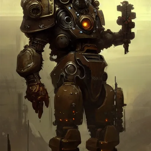 Image similar to concept art of a giant wearing steampunk power armor. illustration, gritty, roman, artgerm, by craig mullins, by gaston bussiere, by greg rutkowski, stylized, trending on artstation, intricate, digital painting, fantasy illustration