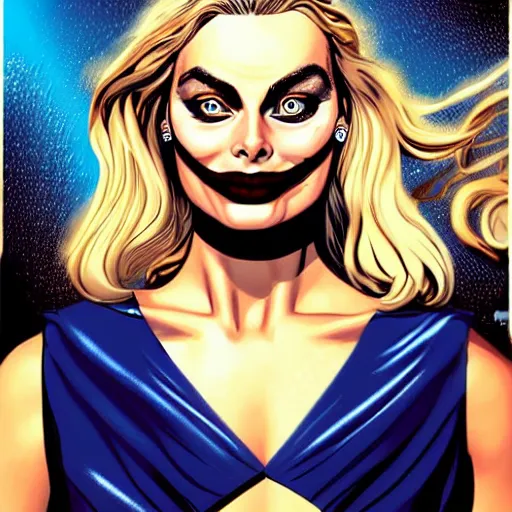 Prompt: goddess Margot Robbie, style of Rafeal Albuquerque comic book art, gold and white eyes, symmetrical face, symmetrical eyes, scary smile