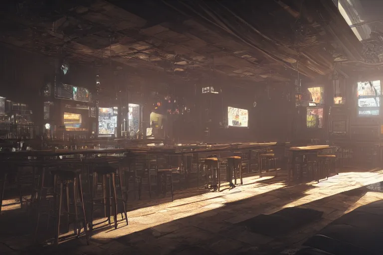 Image similar to ultra mega super hyper realistic Digital concept interior design of cyberpunk tavern. Natural white sunlight from the transperient roof. Rendered in VRAY and DaVinci Resolve and MAXWELL and LUMION 3D, Volumetric natural light