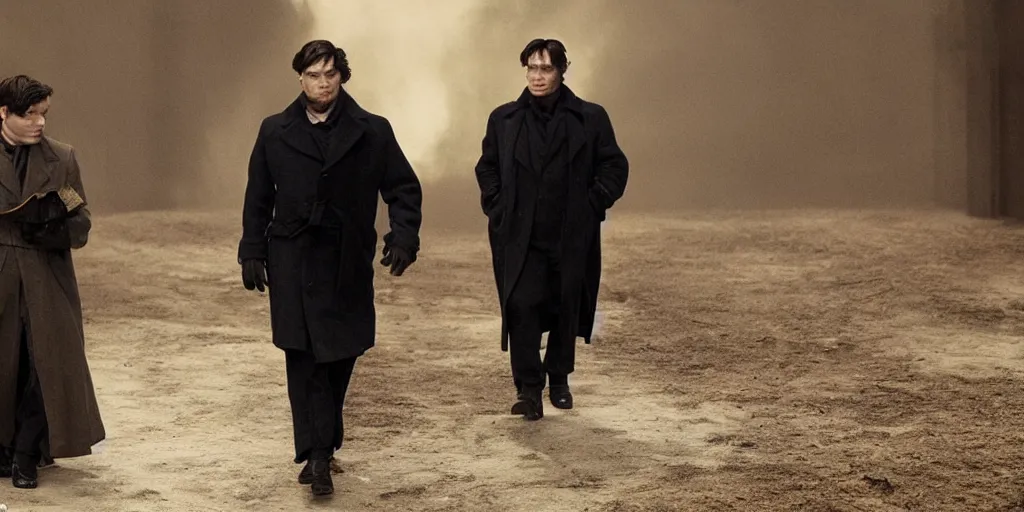 Image similar to two characters : cillian murphy and orson welles. volumetric lighting, cinematic, dark, grim. directed by coen brothers.