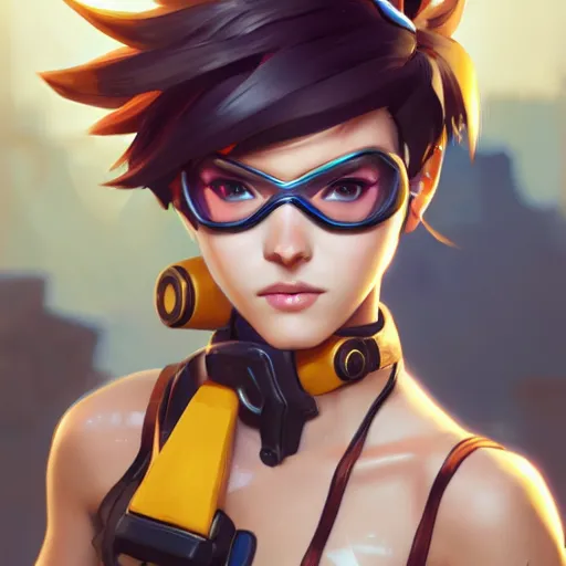 Image similar to overwatch tracer in a bikini, digital art, pretty face, very beautiful face, very detailed eyes, 8 k resolution, by wlop, greg rutkowski, full body