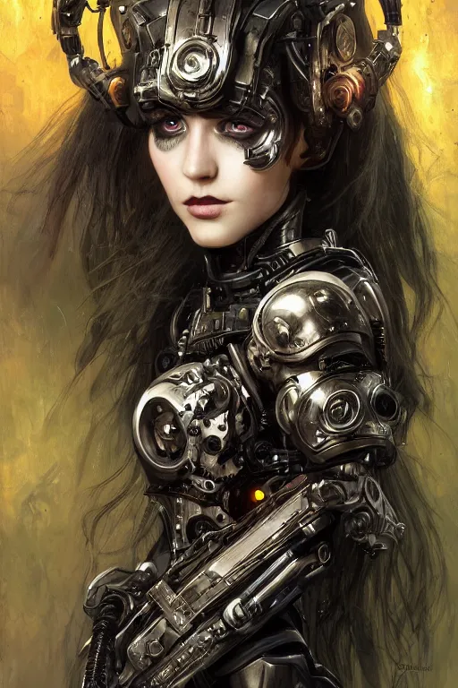 Image similar to portrait of beautiful young gothic cyborg maiden, cyberpunk, Warhammer, highly detailed, artstation, illustration, art by Gustav Klimt