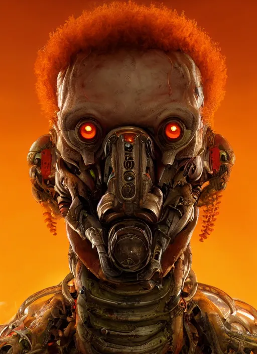 Image similar to biopunk portrait of curly orange hair man from doom 3, au naturel, hyper detailed, digital art, trending in artstation, cinematic lighting, studio quality, smooth render, unreal engine 5 rendered, octane rendered, art style by klimt and nixeu and ian sprigger and wlop and krenz cushart.