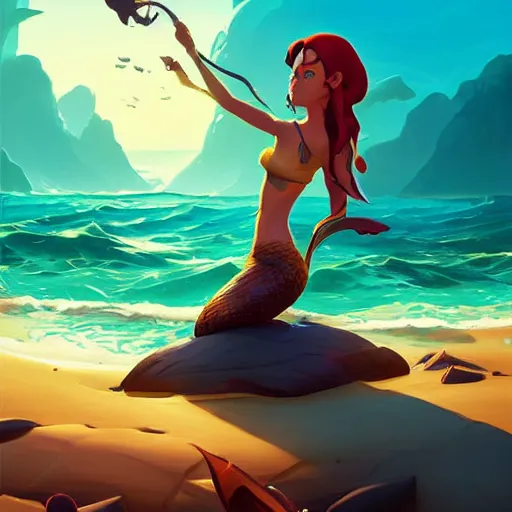 Image similar to painting mermaid treasure on sea of thieves game avatar hero smooth face median photoshop filter cutout vector, behance hd by jesper ejsing, by rhads, makoto shinkai and lois van baarle, ilya kuvshinov, rossdraws global illumination